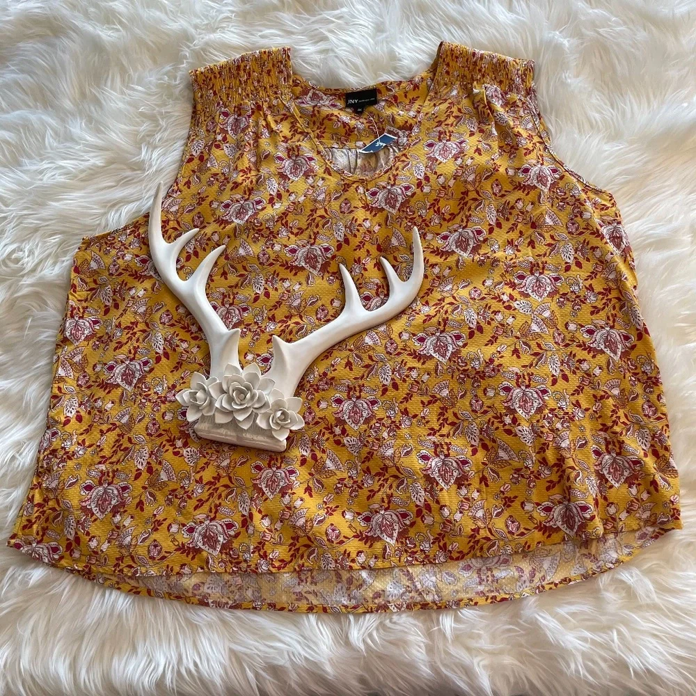 3/$30 Jones New York Womens Yellow Sleeveless Floral Print Pattern Top Size 3X - Picture 3 of 12